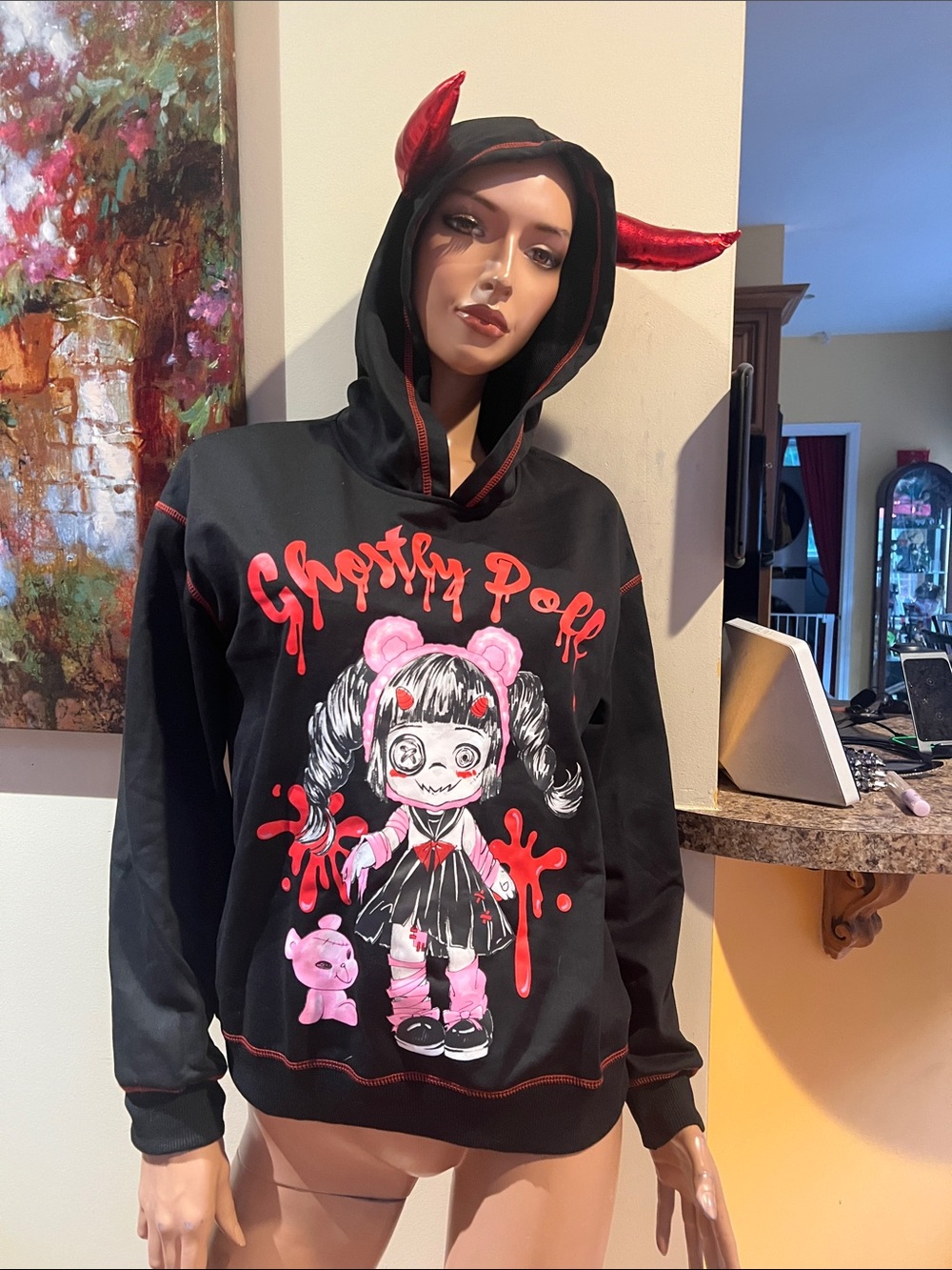 Black S “Ghostly Doll' Goth pullover Hoodie with Red horns nwt